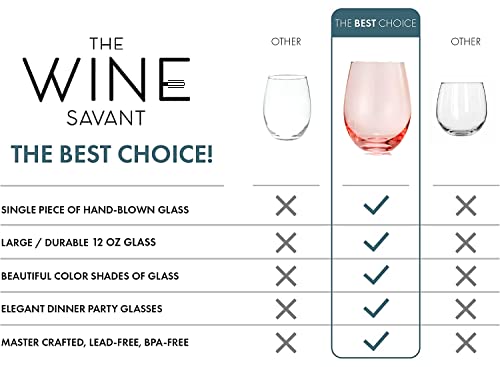 Colored Wine Glass Set, Large 12 Oz Glasses Set Of 6, Unique Italian Style Tall Stemless For White& Red Wine, Water, Margarita Glasses, Color Tumbler, Beautiful Glassware (Stemless) #TOP2