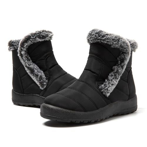 JOMIX Stivaletti Donna Invernali Stivali Bassi Pelosi Imbottiti Pelliccia Sintetica Scarpe Calde con Pelo Comodi da Neve MD9761-1 Nero, 37