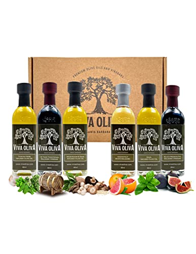 Viva Oliva Six 60 ML Gift Set - Premium Flavored Extra Virgin Olive Oils (Tuscan Herb, Basil, Mushroom & Sage) and All Natural Balsamic Vinegars (18 year traditional, Grapefruit, Black Mission Fig)