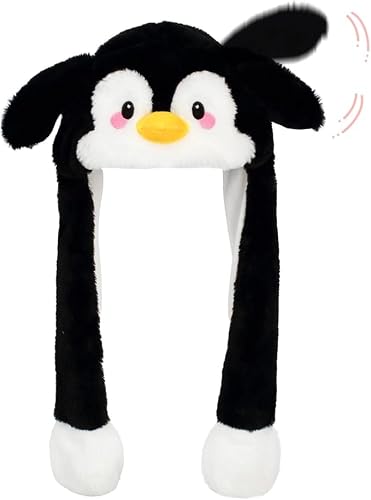 Deletoys Animal Hat, Ears Moving Jumping Pop Up Beating Funny Hat Plush Cap Crazy Hats Cosplay Party Dress Up Gift for Kids & Adults (Penguin)