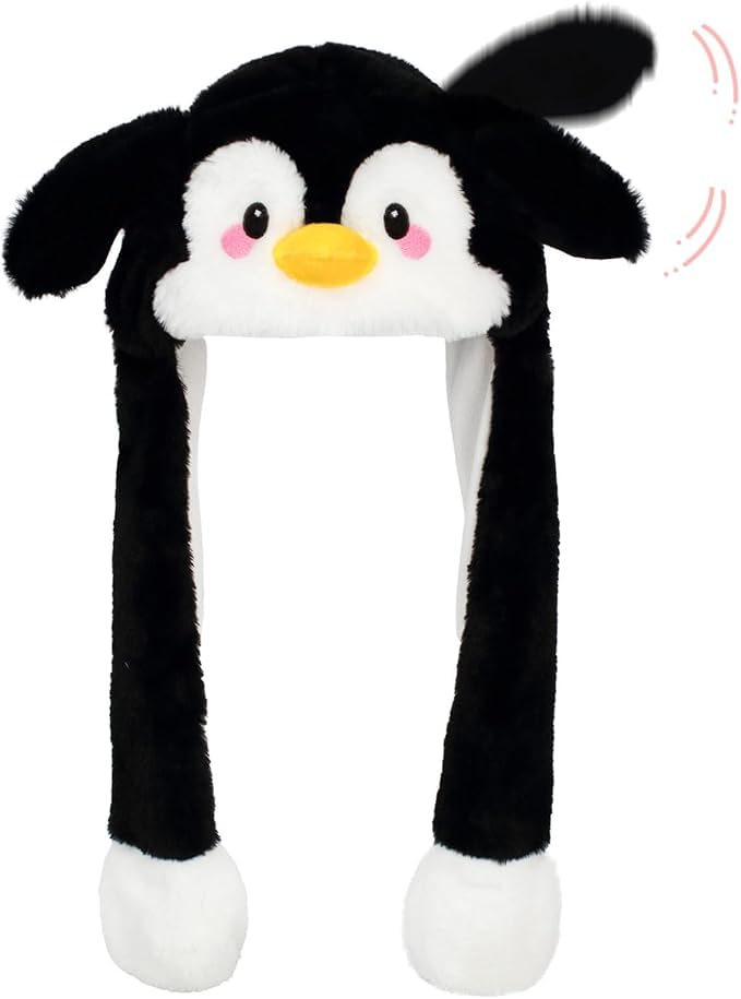 Deletoys Animal Hat Ears Moving Jumping Pop Up Beating Funny Hat Plush Cap Crazy Hats Cosplay Party Dress Up Gift for Kids & Adults (Penguin)
