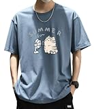 [BUTMYJ] 夏服 メンズ tシャツ 半袖 猫 プリント 綿100% 柔らかい カジュアル ゆったりスポーツ 丸襟 快適 五分袖 大きい サイズ Tシャツメンズ 服 -Hazy blue-L