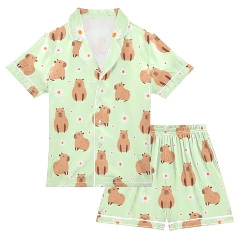Capybara with Daisy Flowers Green Summer Satin Pajama Set, Cute Button-Down Sleepwear Pj Set for Sleep Wears