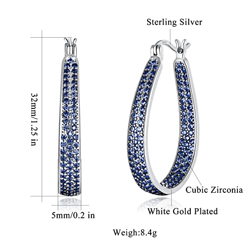 Cinily 925 Sterling Silver Post Big Sapphire Blue Cubic Zirconia Hoop Earrings For Women Teen Girls Large Oval Chunky Hoop Earrings 14K White Gold Plated Gemstone Earrings #TOP2