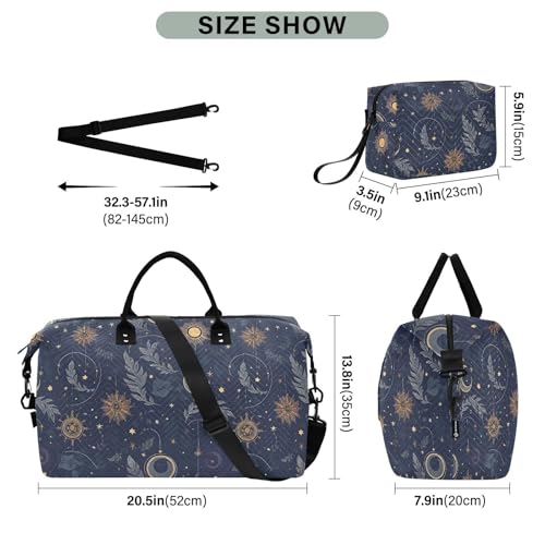 Golden Star Moon Leaves Blue Large Travel Duffle Bag Weekender Overnight Bags Gym Yoga Bag for Women Men with Toiletry Bag3