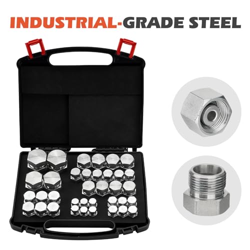 Image of SPARKWHIZ 72Pcs Heavy Duty DIN Cap & Plug Assortment Hydraulic Adapter Fitting Kit Set, Galvanized Steel with Precision Threading Dash Sizes 14 16 18 20 22 24 30 36
