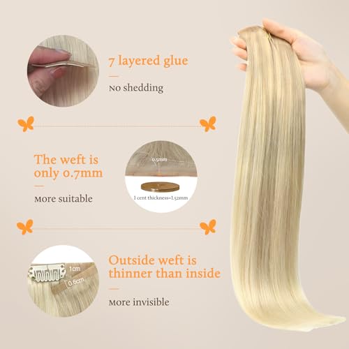 Image of DOORES Clip in Hair Extensions, Ash Blonde to Golden Blonde and Platinum Blonde 14 Inch 130g 7pcs, Seamless Clip in Hair Extensions Natural Straight Hair Thin Weft Invisi Edge Hair Extensions