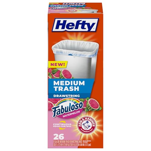 Hefty Medium Trash Bags 8 Gallon Fabuloso Watermelon Scented Garbage Bags with Drawstring Closure White 26 Count