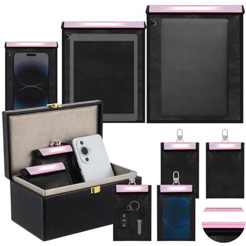 Image of Dansydaisy Key Storage Box & Protective Pouches Set (8 Pack) for Car Key Fob, Phone, Tablet & Wallet - Waterproof, Fireproof Travel Organizer Case, Portable Storage Kit(Pink)