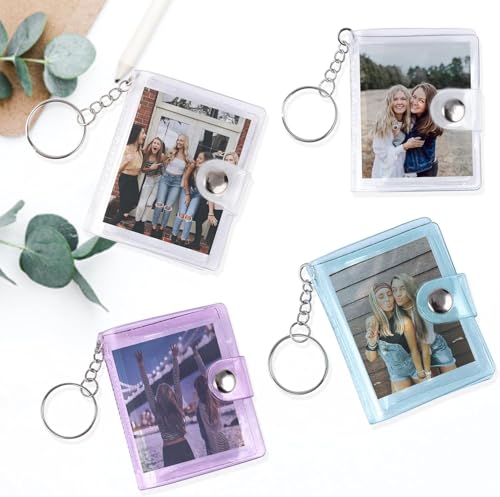 4 Stück Mini Fotoalbum, Foto-Schlüsselanhänger Kleines, 2 Zoll Fotoalben mit 18 Taschen Schlüsselanhänger & Kartenhalter in 4 Farben– Ideal für Erinnerungen & Geschenke