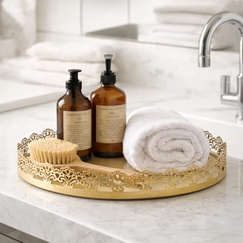 Image of Gold Finish Decorative Metal Tray | Multipurpose Serving & Vanity Tray | Premium Cutwork Design | Home Decor Organizer | 28 x 4 cm (Gold)