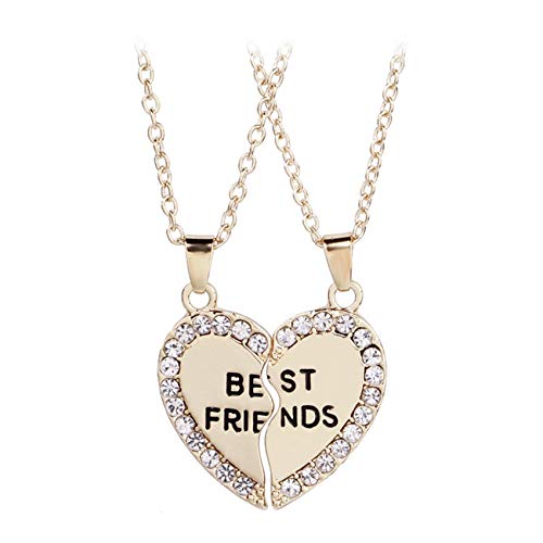 XUEQI Best Friends Necklace for 2,BFF Broken Matching Heart Necklace Rhinestone Best Friends Engraved Letters Pendant Necklaces Set