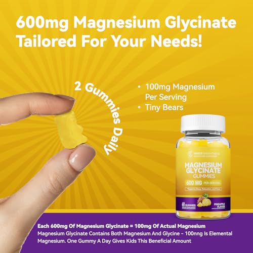Image of Magnesium Glycinate Gummies 600mg, Non-GMO, Gluten-Free, Magnesium Gummies for Adults & Kids, Sleep, Relaxation & Focus, Pineapple Flavor, 60 Count