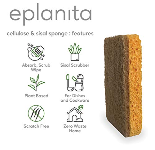 eplanita Natural Plant Based Scrub Sponges (3 Pack), Non-Scratch, Biodegradable Eco Scourers for Kitchen and Bathroom