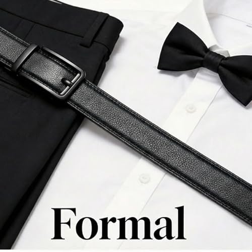 Image of JINIU Men's Ratchet Belt Buckle, Black Genuine Leather Slide Belt for Men Dress Suit, Micro Adjustable Trim to Fit Boxed