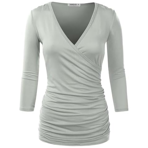 DOUBLJU 3/4 Sleeve Satin Ruched Hem Tank Tops Deep V Neck Tops Casual Basic Wrap Style T Shirts for Womens with Plus Size, Grey, L Cover