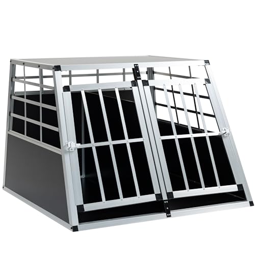 BKNROIHB Pet Car Transport Cage Aluminium Puppy Travel Crate Box Trapezoidal Kennel Dog Cat Carrier Cage(Double Doors Black)
