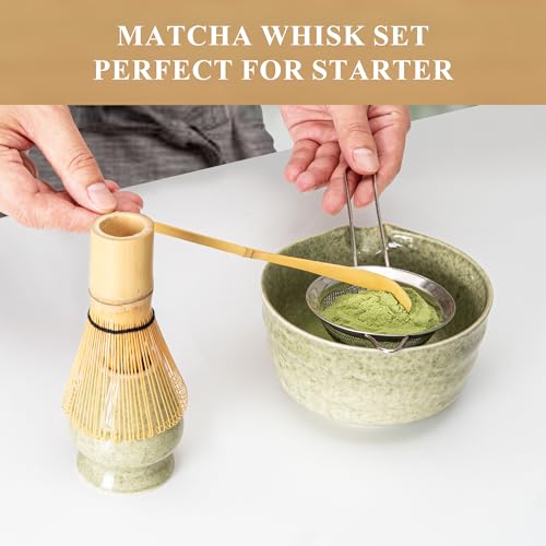 Matcha Whisk Set, Matcha Making Kit Whisk (Chasen Holder), Ceramic Whisk Holder (Mottled Green), Bamboo Scoop, Powder Starter Sifter, Spoon Japanese Tea Tools For Ceremony Gift