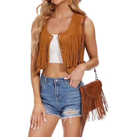 WUDODO Women's Suede Fringe Trim Tassel Sleeveless Crop Vest Jacket Button Front Western Cowgirls Coat Outfits Brown M Cover