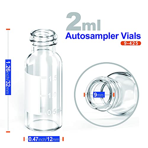 Pekybio 2Ml Autosampler Vial, 9-425 Hplc Vial With Writing Area And Graduation, Clear Sample Vial And 9Mm Blue Screw Cap With Hole, White Ptfe&Red Silicone Septa, 100 Of Pack #TOP4
