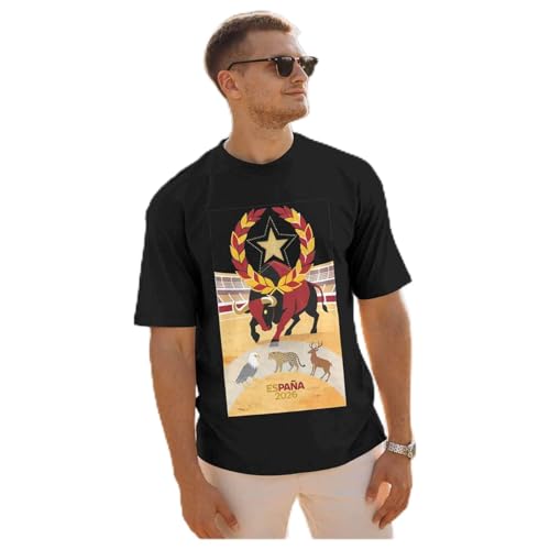 Camiseta Manga Corta Hombre para World Cup, Algodón Puro,Cuello Redondo Camiseta Hombre Casual con Elementos De La Copa del Mundo Camiseta Estampada Fútbol,Negro-L