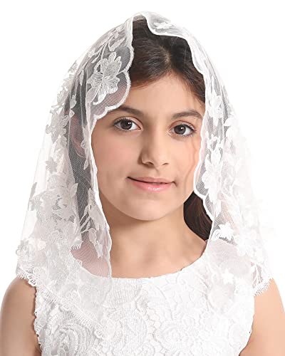 Mantveil Girls First Communion Veil Catholic Chapel Mass Headpiece Church Lace Flower Girl Head Covering for Kid (White)2
