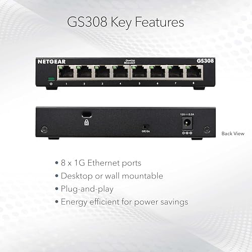 NETGEAR 8-Port Gigabit Ethernet Unmanaged Essentials Switch (GS308) - Home Network Hub, Office Ethernet Splitter, Plug-and-Play, Silent Operation, Desktop or Wall Mount - 4