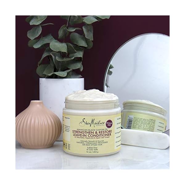 Shea-Moisture-Strengthen-Restore-Leave-In-Conditioner-16-Ounce-Pack-of-1 Shea Moisture Leave in Conditioner with Jamaican Black Castor Oil for Hair Growth, Strengthen & Restore, Vitamin E, Curly Hair Products Safe for use on Hair Color, 15 Oz