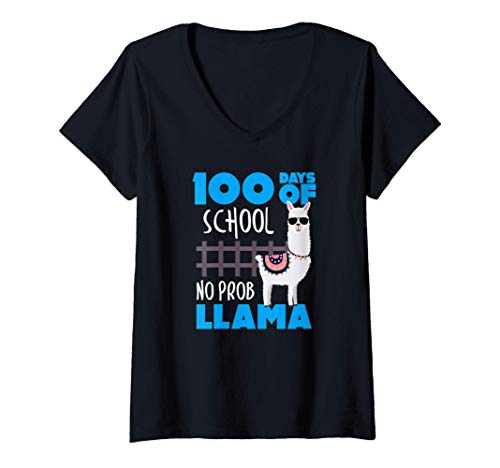 Mujer 100 Days of School? No Prob Llama Cute Student & Teacher Camiseta Cuello V