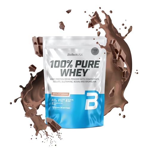 BioTechUSA 100% Pure Whey | Proteine in polvere con BCAA e glutammina | Senza glutine, senza olio di palma | 21g di proteine per porzione, 454 g, Cioccolato