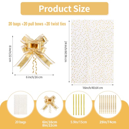 COQOFA 20 Pieces Large Cello/Cellophane Bags,16x24 Inches Clear Basket Gift Bags Gold Star Printed OPP Plastic Cellophane Wrap for Baskets Gift Packaging with Gold Pull Bows — view 2