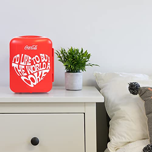 Image of Coca-Cola World 1971 Series Mini Fridge, 6-Can Portable AC /DC Thermoelectric Cooler & Warmer, 4L Compact Dorm Fridge for Skincare, Cosmetics, Snacks, Beverages, Car, Boat, RV, Office Desk