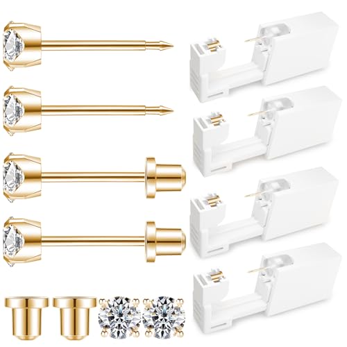Ear Piercing Kit | Disposable Ear Piercing Gun Kit Made in 316L Surgical Stainless Steel with 4mm - 4prong Cubic Zirconia | At Home Self Ear Piercer Kit with Earrings Stud | 4 Pack
