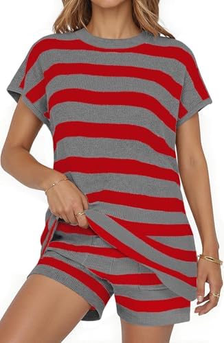 UEU Womens 2 Piece Outfits Lounge Sets Summer Striped Short Sleeve Top Shorts Matching Knit Oversized Pajama Sweater Set
