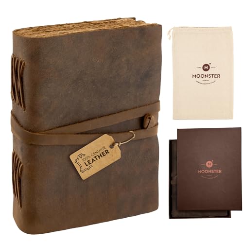 Moonster® Journal Vintage en Cuir, 240 Pages de Papier de Coton, Carnet Intime Fait Main, Carnet de Notes Antique, Carnet de Croquis 18x13 cm