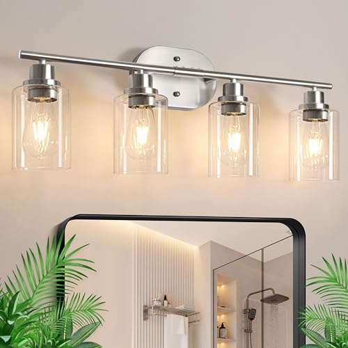 Image of Ascher 4-Light Bathroom Light Fixtures, Modern Vanity Lights with Clear Glass Shade, Brushed Nickel Wall Lamp for Bathroom Mirror Hallway Cabinet Porch