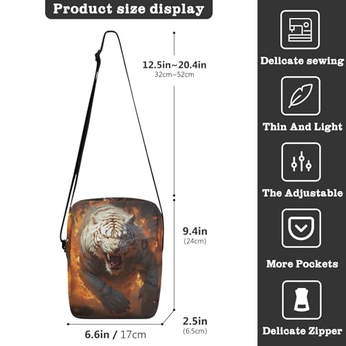 Crossbody Bag Flame White Tiger Fighting Messenger Bag for Women Men Purse Shoulder Bag Satchel Bag with Adjustable Strap 214A68953