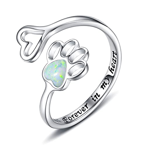 Opal Pet Lovers Paw Print Heart 925 Sterling Silver Adjustable Ring - Puppy Cat Animal Jewelry for Dog Claw - Pets Loving Friend Families Gifts
