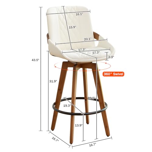 Image of Bar Stools Set of 2, 29.5 Inch Mid Century Modern Swivel Bar Stools, Furniture with Curved Back, Faux Leather Upholstered and Walnut Wood Frame for Bar /Pub /Island (White, 29.5 inch-2 PCS)