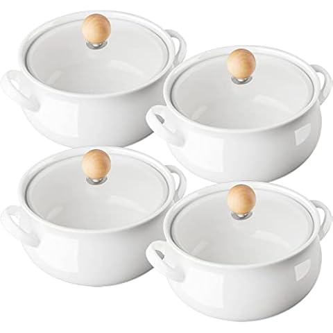 ALELION Small French Onion Soup Bowls, 18 OZ Soup Crocks with Double Handles and Glass Lids, Oven Safe Soup Bowls for Stew Chili Cheese Pot Pie Casseroles, Set of 4, White Cover