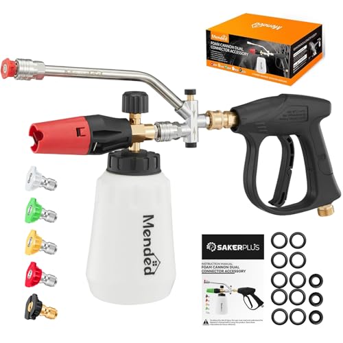Sakertool Foam Cannon Dual Connector Accessory for Pressure Washer Kit Car Wash Foam Gun - Power Washer Accessories Gun with Foam Cannon Dual Connector for cleaning - 5 Power Washer Sprayer Nozzles