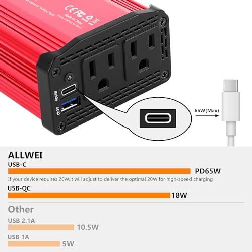 Allwei ALLW-300 300W Car Power Inverter With 65W Usb-C And 3.0 Usb Port - Dc 12V To 110V Ac Power Inverters thumb #2