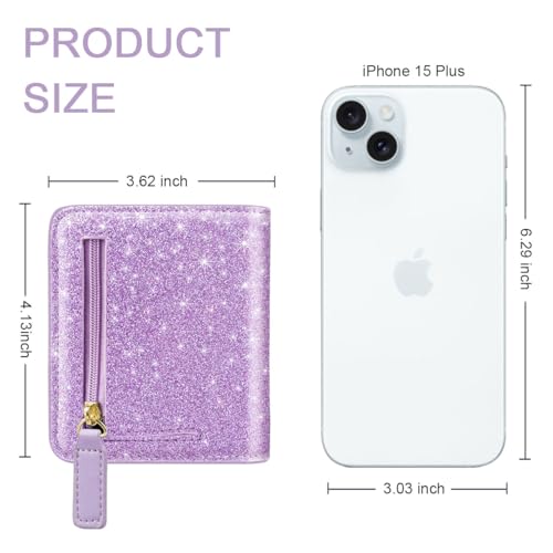 Image of Small Womens Glitter Wallet Thin Credit Card Holder Pocket | Compact Women Slim RFID Blocking Bling Wallets Bifold Ladies Mini Purse Pocket for Travel & Daily Use, Purple