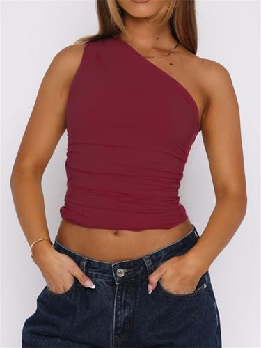ForeFair Women One Shoulder Going Out Crop Tank Tops Slim Fit Sleeveless Shirts Y2k Cute Top2