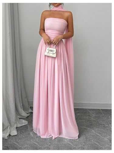 MakeMeChic Women's Mesh Strapless Tube Dress Ruched Sleeveless Cocktail Maxi Dresses with Scarf3