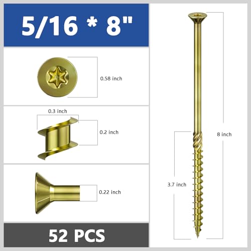 Image of Wensilon 5 /16 * 8 inch Yellow Zinc Deck Screws, (52pcs) 5 lbs.Exterior Wood Screws, Bronze, Star Bit