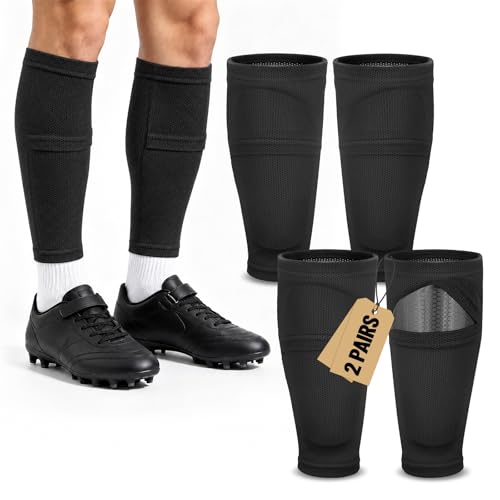 Kids Soccer Shin Guard Sleeves 2 Pairs with Pocket Youth Shin Pad Holders for Boys & Girls Ages 315 Breathable Non-Slip Soccer Compression Sleeves for Training & Games (Black L (53-511))