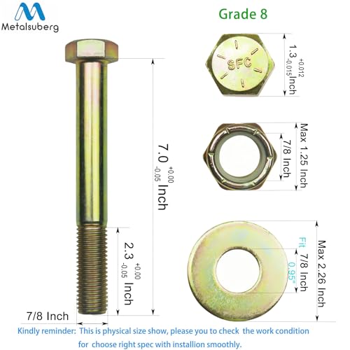 Image of 7 /8 inch x 7 inch Hex Head Bolt by Color Galvanization with Nylon Lock nut and Large Size Washer Assortment Kit,Alloy Steel,Grade 8.(4pcs Pack),by Metalsuberg