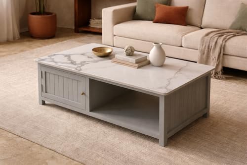 Image of Solid Wood Madrid Centre Table with Premium Sintered Stone Top for Living Room | Wooden Coffee Table | Premium Acrylic Silver Grey Finish | 110 x 60 x 40 cm