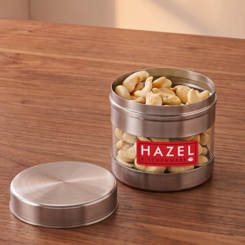 HAZEL Stainless Steel Transparent See Through Container, Silver, 1 PC, 350 Ml